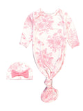 Baby Girls Pink Butterfly Garden Toile Bamboo Viscose Knotted Ruffle Gown & Hat Set: White / Newborn-3m
