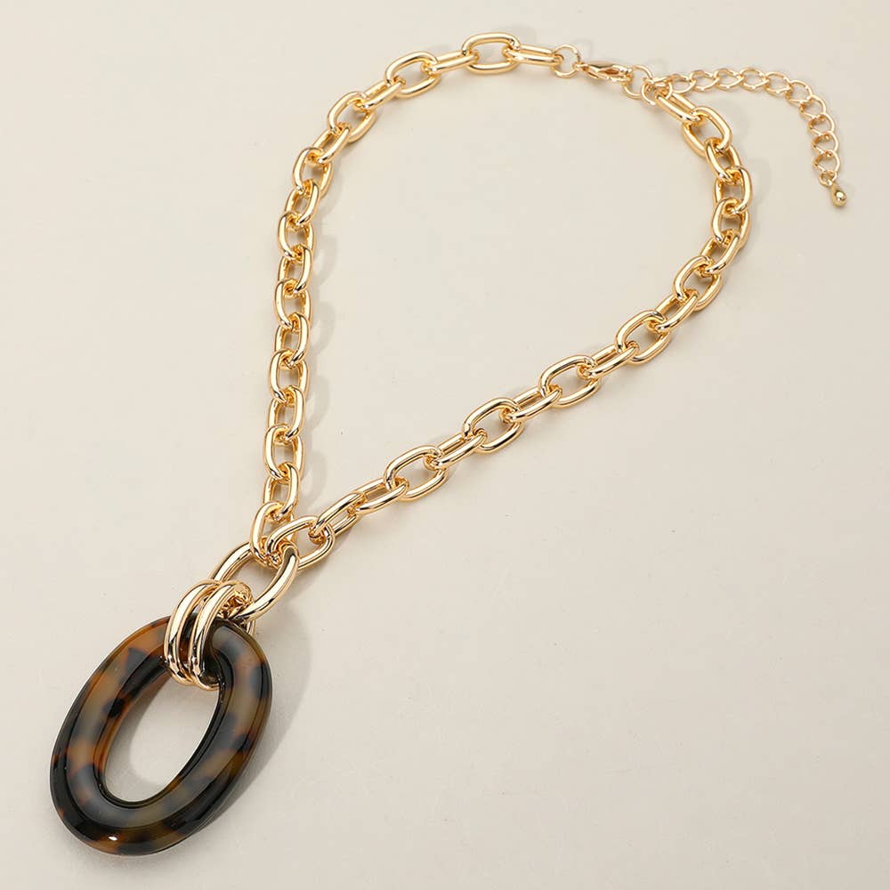 Celluloid Acetate Oval Ring Pendant Chunky Chain Necklace: Tortoise