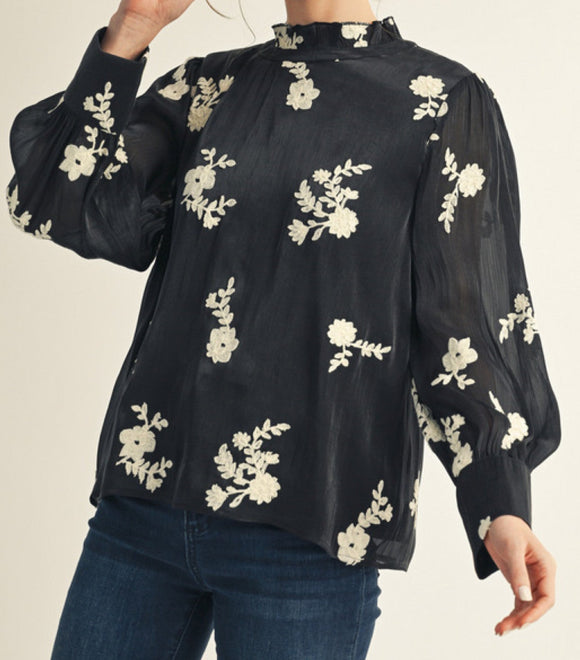 JD Black floral embroidered top