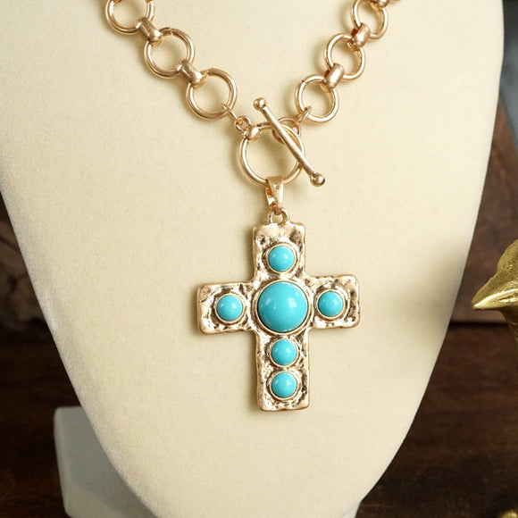 Primitive Cross Necklace – Worn Gold Tone with Acrylic TCabochons: Turquoise