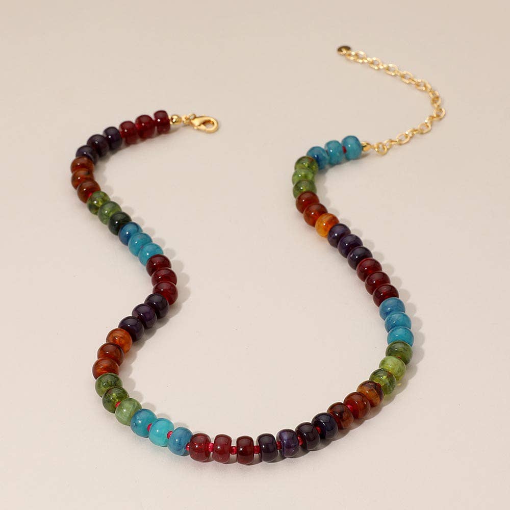 Colorful Round Beaded Necklace: Dark,Gold,Multi