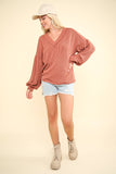 NJ  Otto Ribbed V-Neck Knit Top: OATMEAL