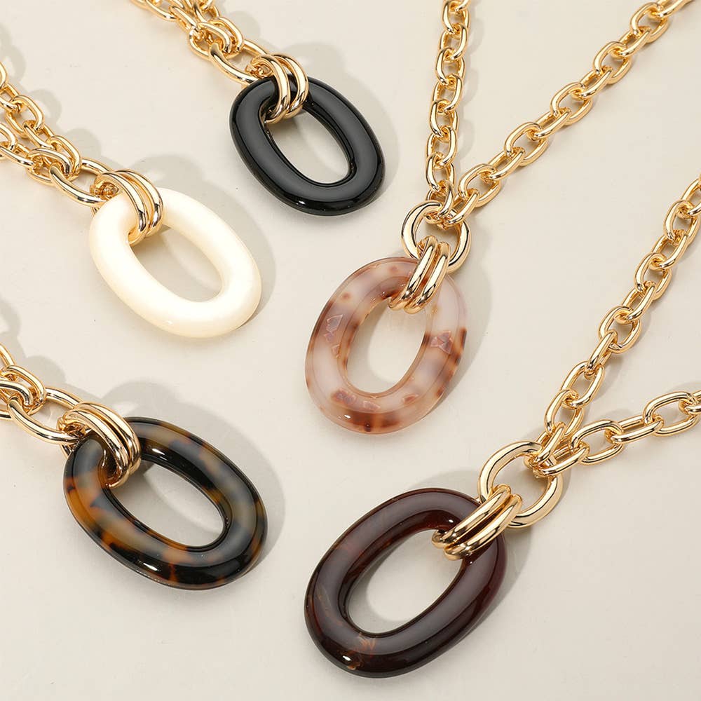 Celluloid Acetate Oval Ring Pendant Chunky Chain Necklace: Tortoise