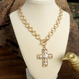 Primitive Cross Necklace – Worn Gold Tone with Acrylic TCabochons: Turquoise