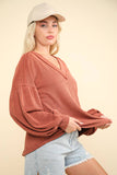 NJ Wine Ribbed V-Neck Knit Top