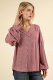 NJ Wine Ribbed V-Neck Knit Top