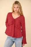 Red Dotted Ruffled Bell Sleeve Top