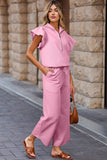 Textured Ruffle Top and Pants Set: Pink / L
