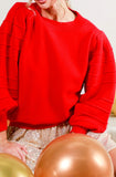 Red Textured Puffed Sleeve Sweater