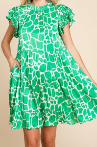 Green Satin Print Dress