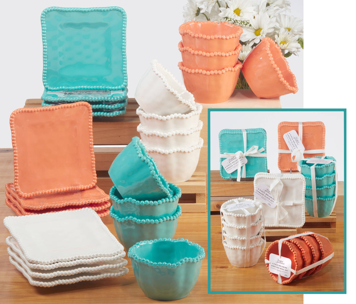 Perlette Gift Cream Melamine Set of 4 SquareCanape Plates