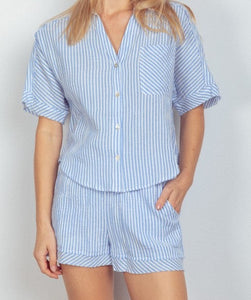 Cotton Gauze Striped Shirt Top & Shorts Set