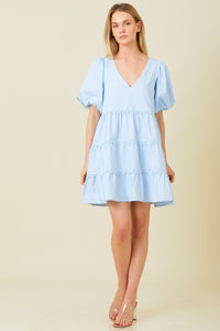 Poly Poplin V Neck Tiered Mini Dress