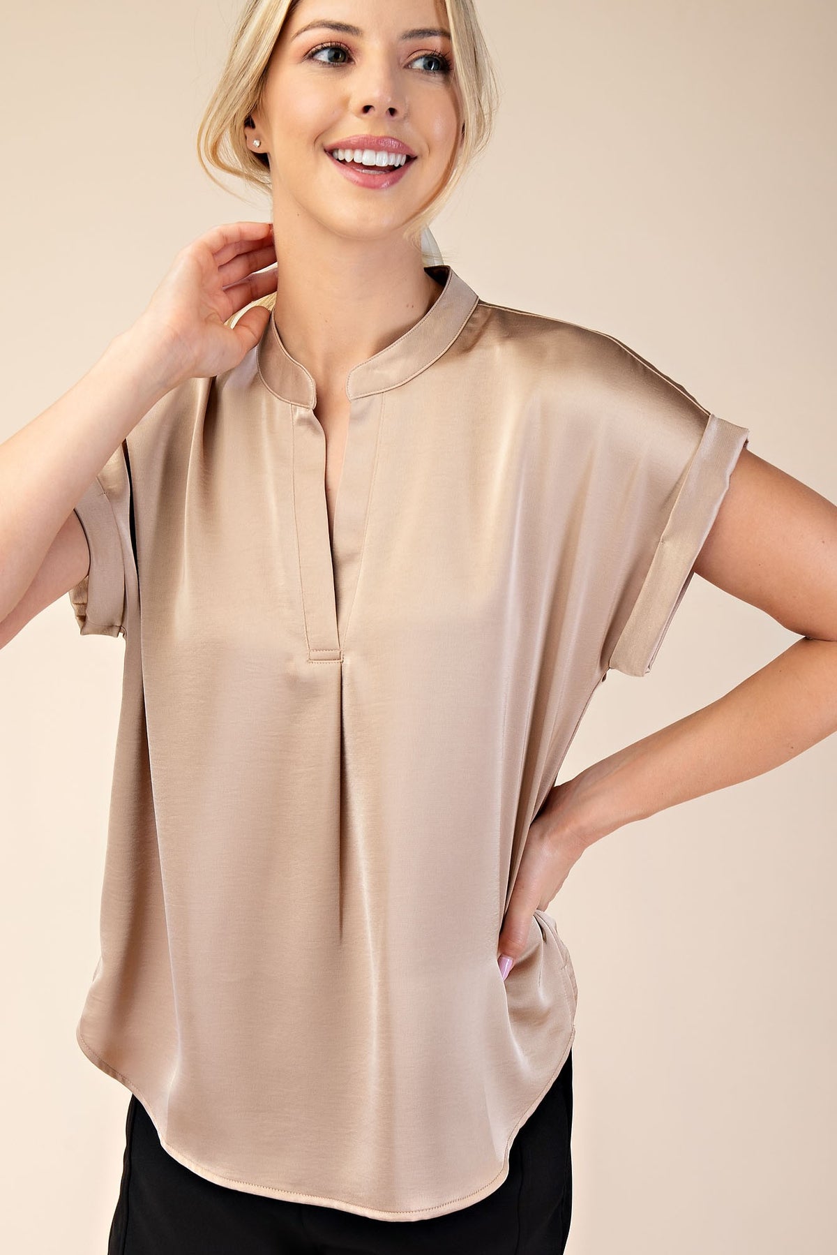 Glam Round Collar V-Neck Top