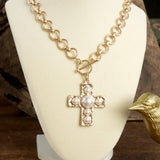 Primitive Cross Necklace – Worn Gold Tone with Acrylic Cabochons: Pearl