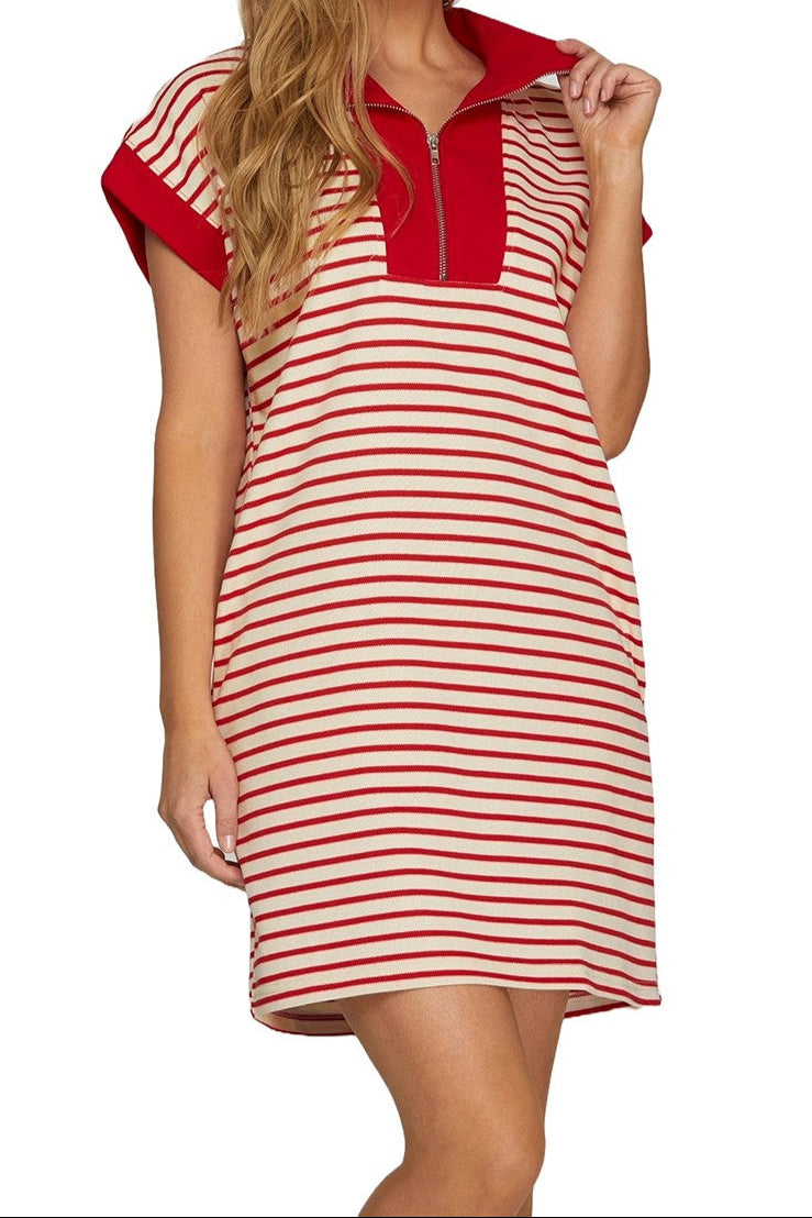 S+S !/2 Zip Red Striped Dress