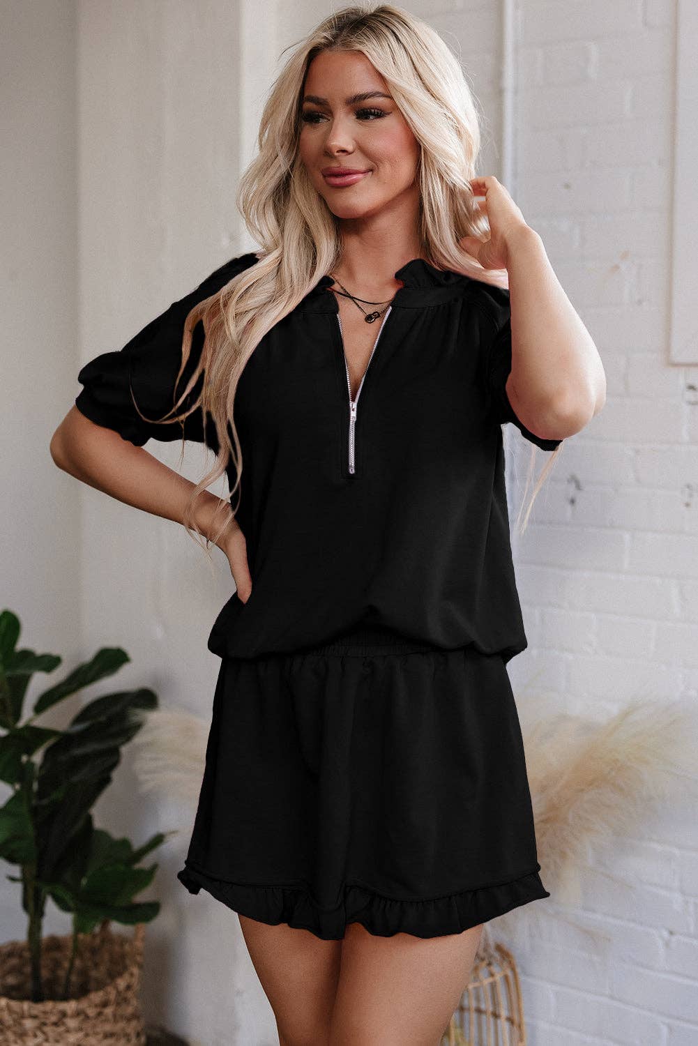 Solid Puff Sl Skorts Set Pink