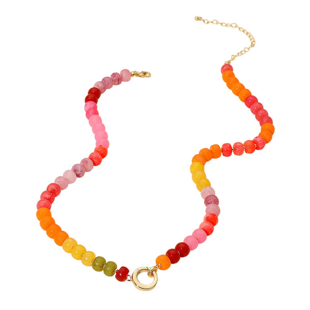 Metal Clasp Accent Gradient Beaded Necklace: Gold Multi