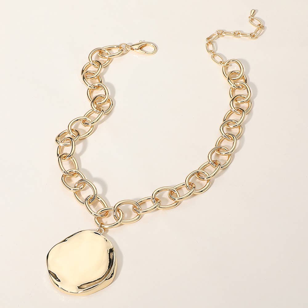 Metal Round Plate Pendant Chunky Chain Necklace: Yellow Gold
