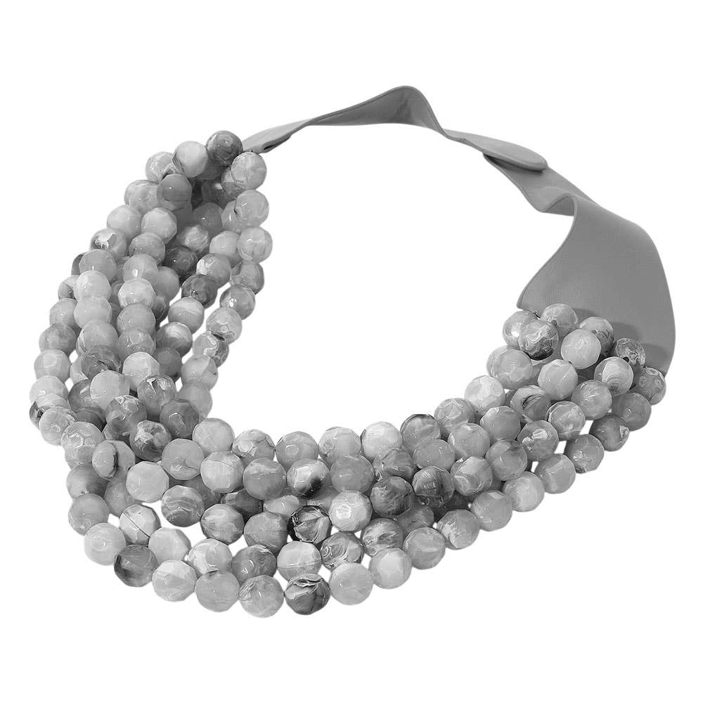 Marbled Faceted Ball Beaded Multi Layered Faux Leather Magnetic Necklace: Gray,Light