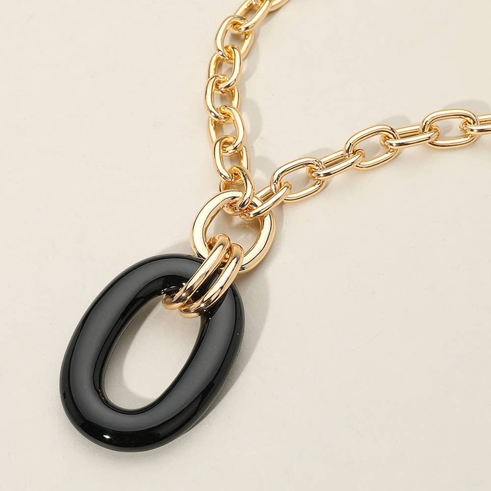 Celluloid Acetate Oval Ring Pendant Chunky Chain Necklace: Brown