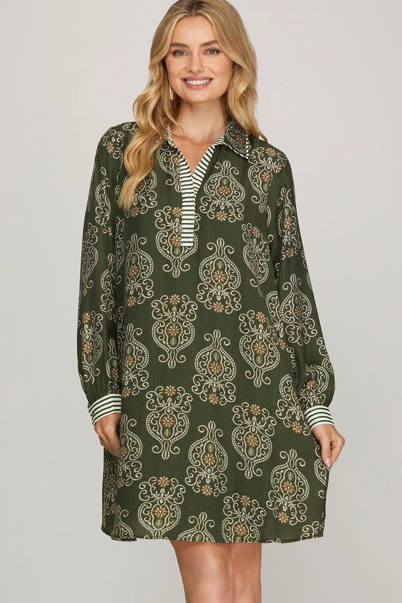 S&S Olive Contrast Print Dress
