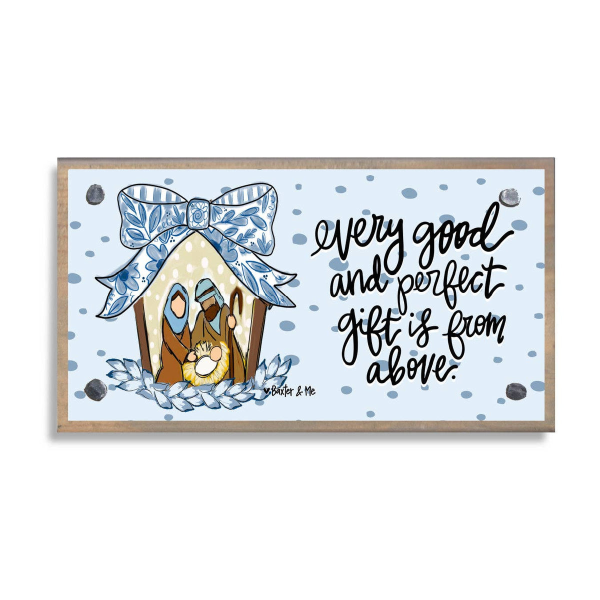 Blue Ribbon Bow Nativity Driftwood Happy Block