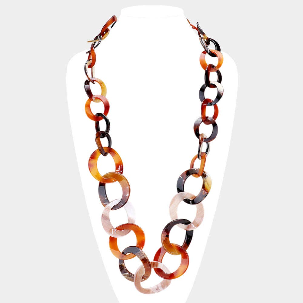 Bold Celluloid Acetate Link Long Necklace: Brown