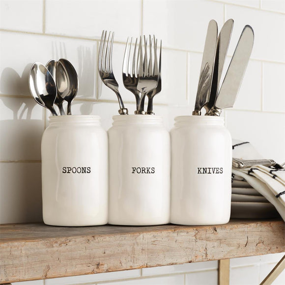 Ceramic utensil holder features three joined