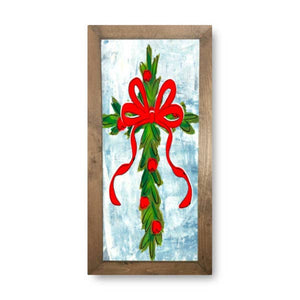 Christmas Berry Cross with Red Bow Framed Art: 8" x 10"