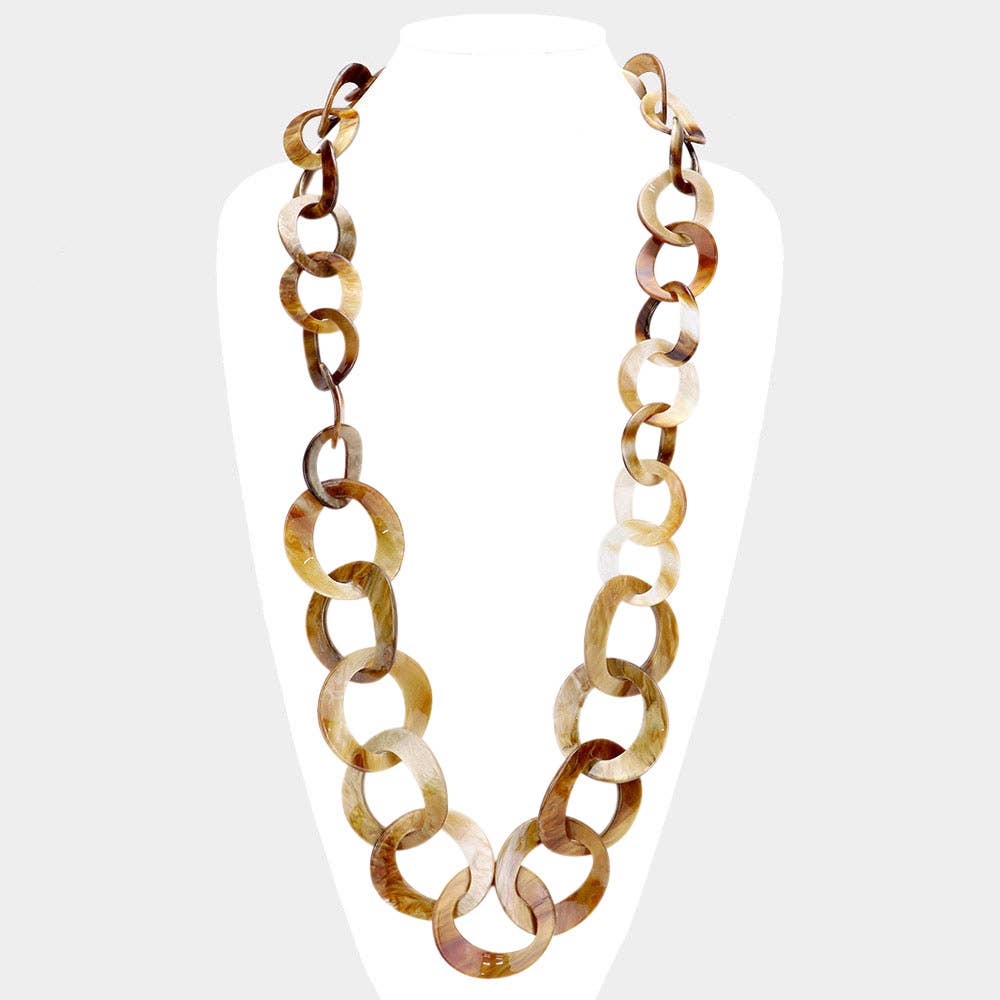Bold Celluloid Acetate Link Long Necklace: Brown