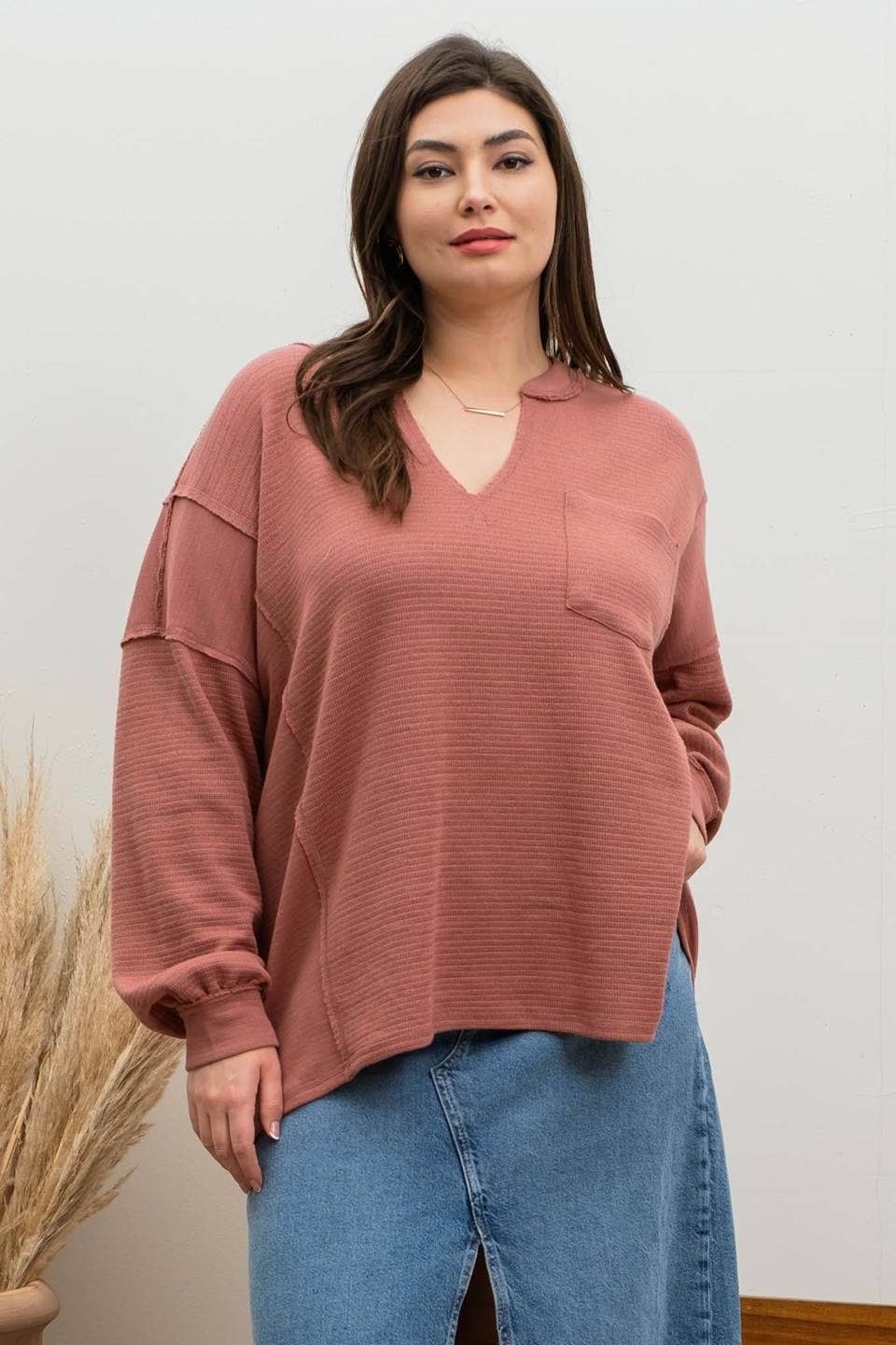 PATCHWORK SPLIT NECK KNIT TOP