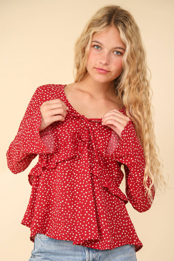 Red Dotted Ruffled Bell Sleeve Top