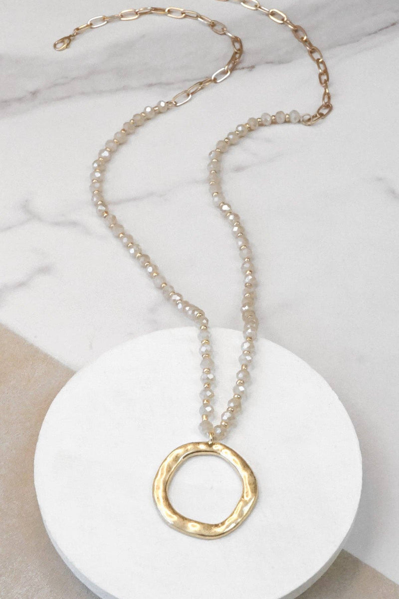 Beaded Necklace Gold Tone Circle Pendant Beige