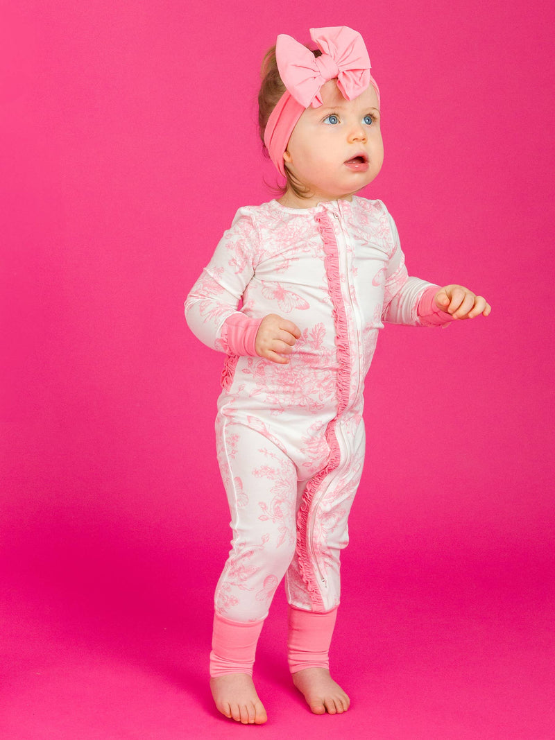 Newborn Pink Toile Bamboo Ruffle  Pajama