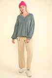 NJ Wine Ribbed V-Neck Knit Top