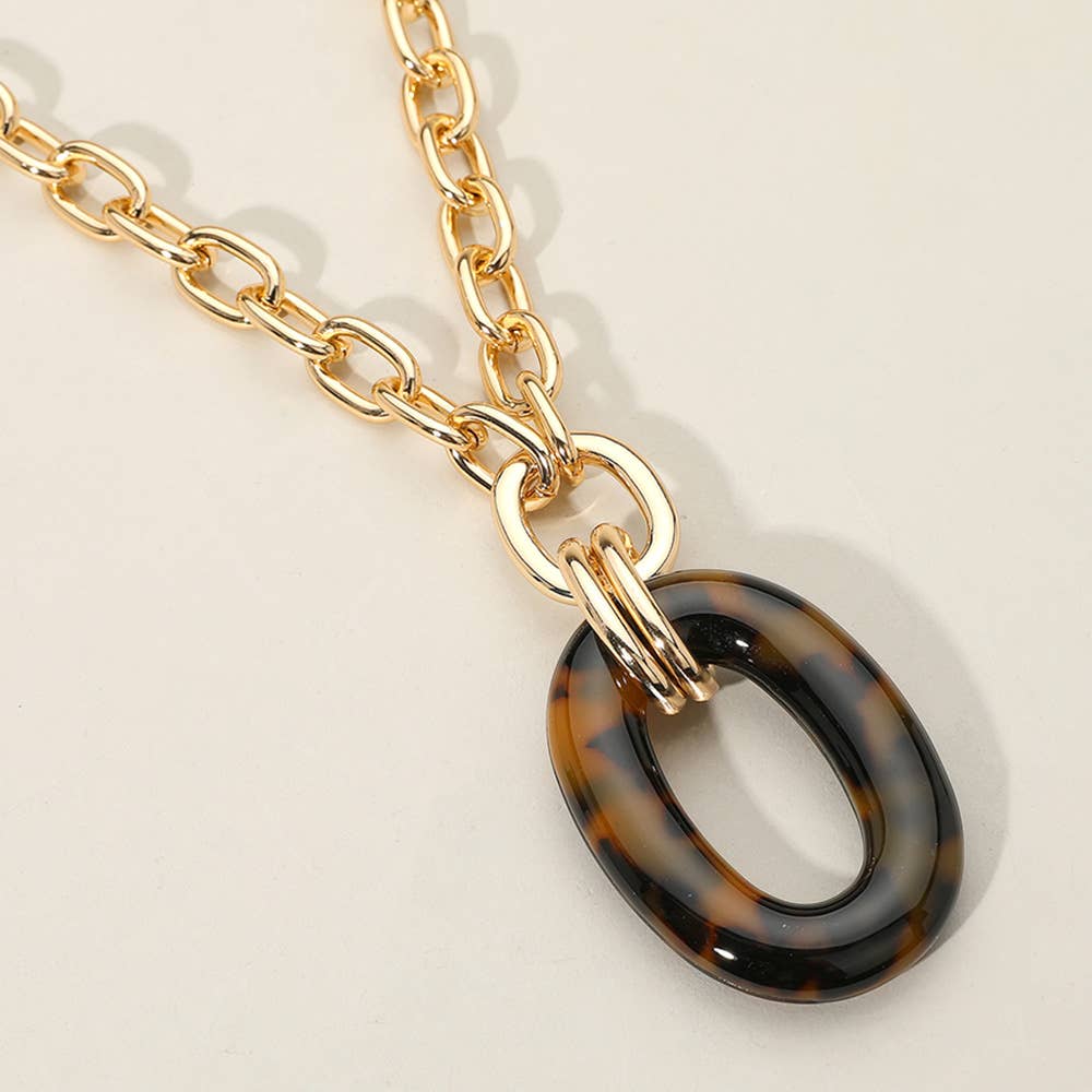 Celluloid Acetate Oval Ring Pendant Chunky Chain Necklace: Tortoise
