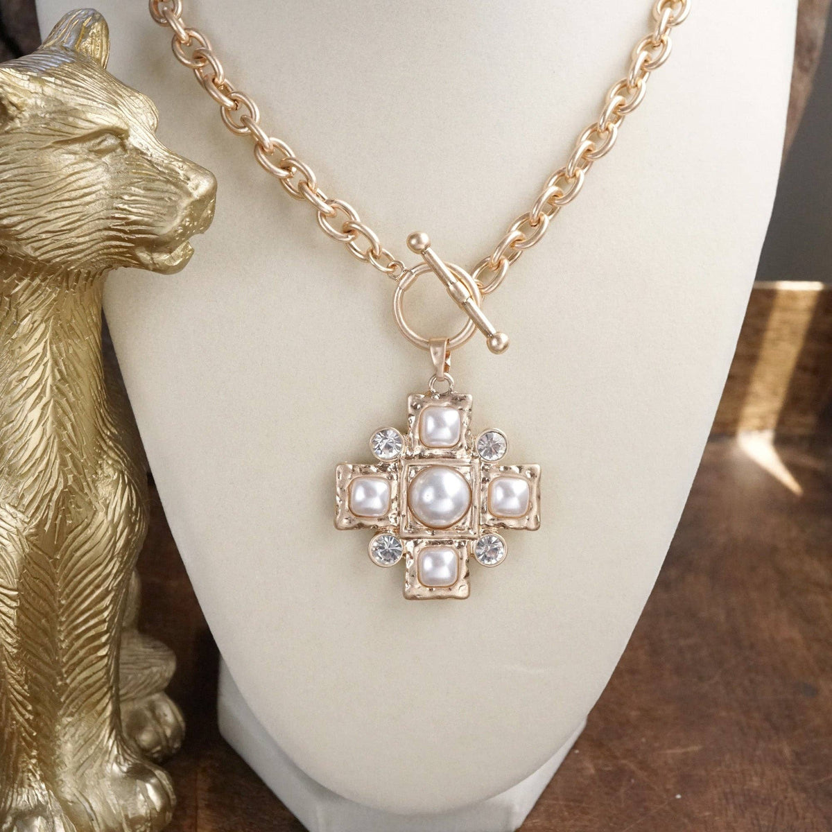 Golden Grace – Front Toggle Cross Necklace with Pearls & Crystals