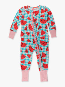Baby Girls Watermelon Gingham Bamboo Viscose Convertible Ruffle Footie Pajama: Blue / 6-12m