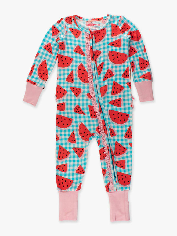 Baby Girls Watermelon Gingham Bamboo Viscose Convertible Ruffle Footie Pajama: Blue / 3-6m