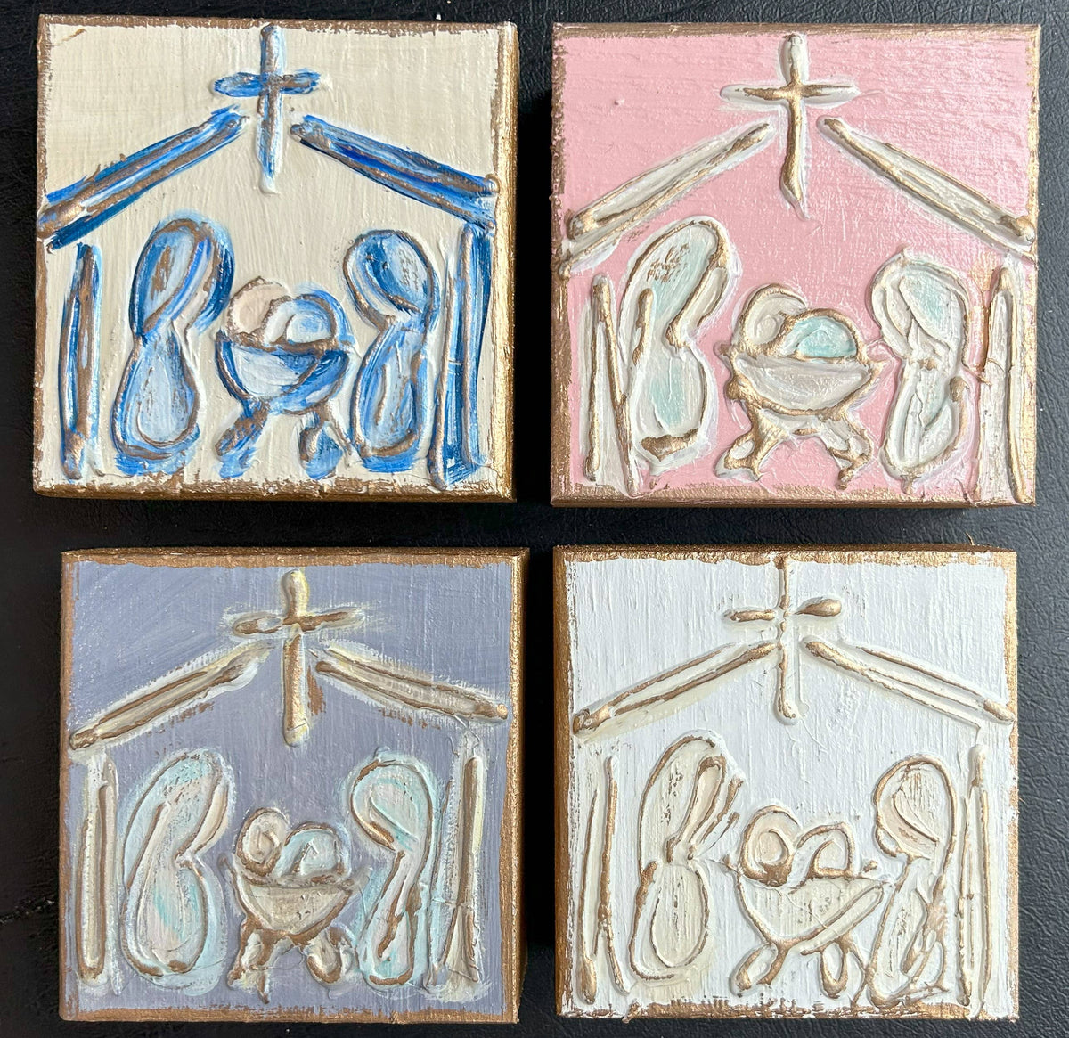 Mini Christmas Nativity | handmade painted textured block: White
