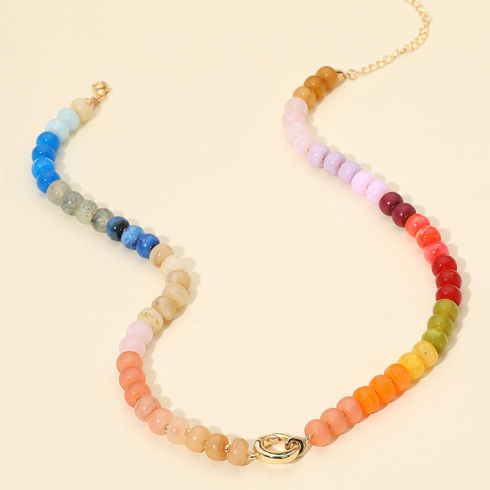 Metal Clasp Accent Gradient Beaded Necklace: Gold Multi