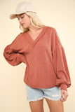 NJ Wine Ribbed V-Neck Knit Top