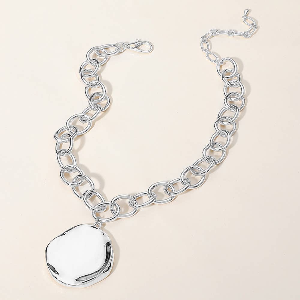 Metal Round Plate Pendant Chunky Chain Necklace: Yellow Gold