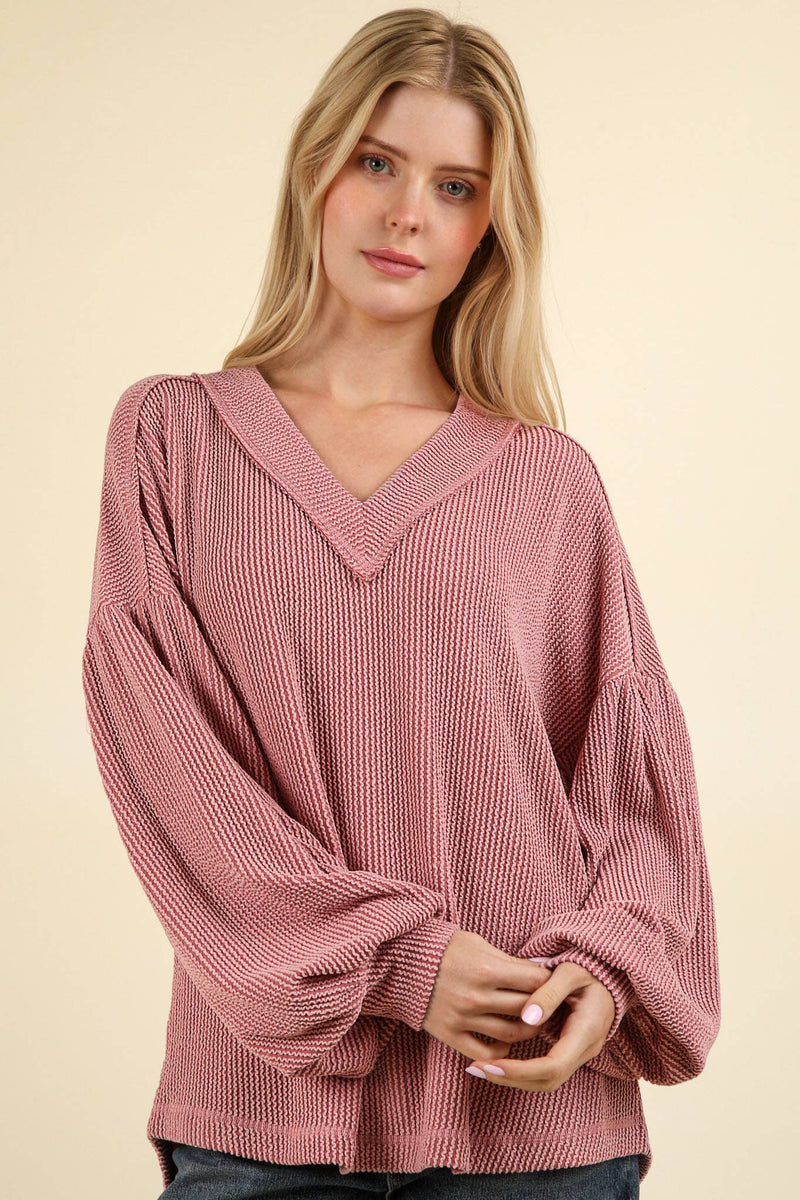 NJ  Otto Ribbed V-Neck Knit Top: OATMEAL