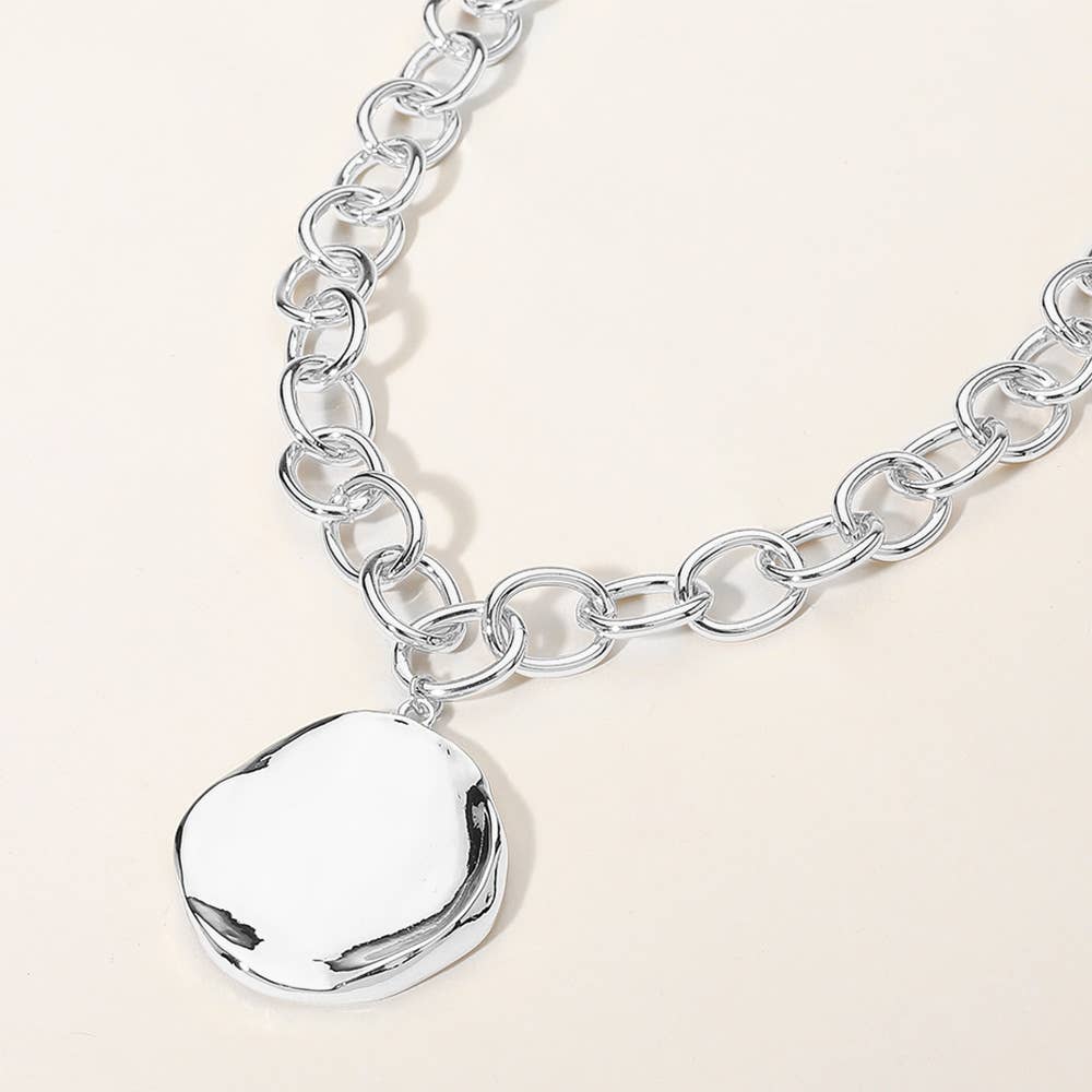 Metal Round Plate Pendant Chunky Chain Necklace: Yellow Gold