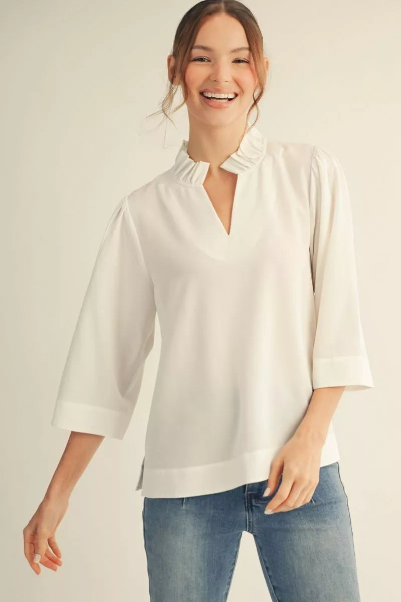 JL Off White ruffle Neck Top
