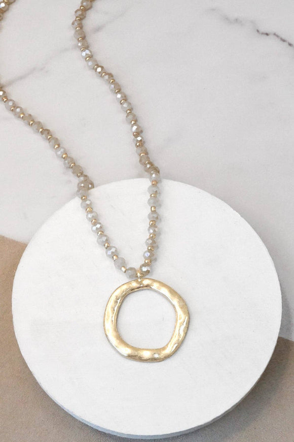 Beaded Necklace Gold Tone Circle Pendant Beige