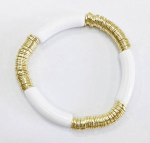 White Bamboo Acrylic and Gold Disc Stretch Bracelet