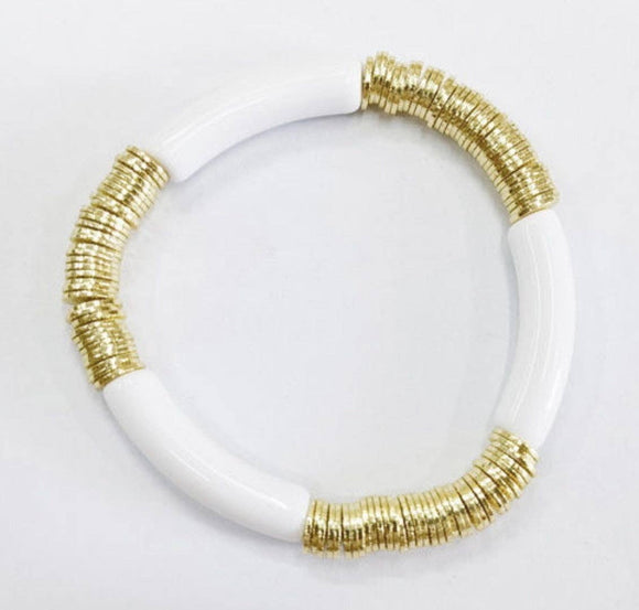 White Bamboo Acrylic and Gold Disc Stretch Bracelet